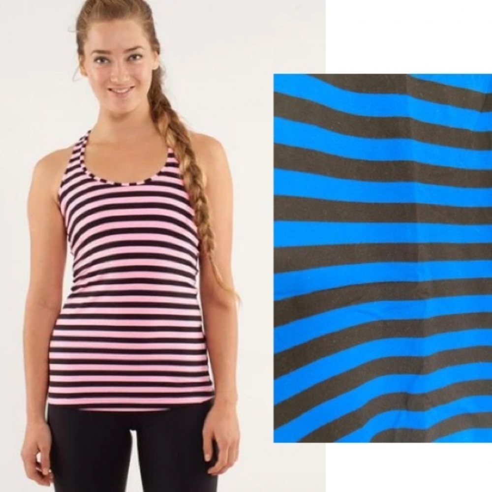 Lululemon Sz 6 Cool Racer Back Blue and Black Stripes Tank Top